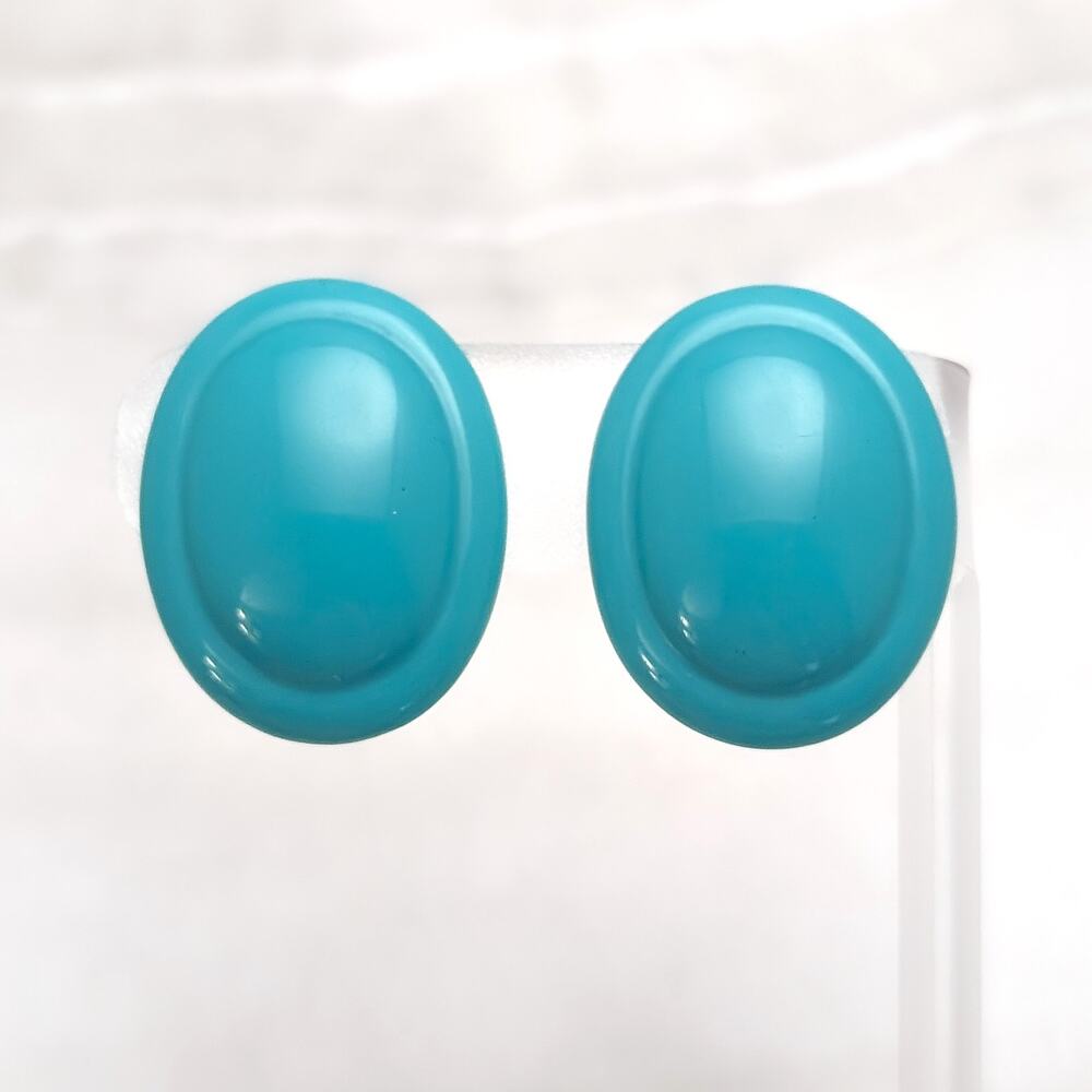 Vintage Clip On Earrings 1.25" Tealish Turquoise Tone Large Oval Statement Retro